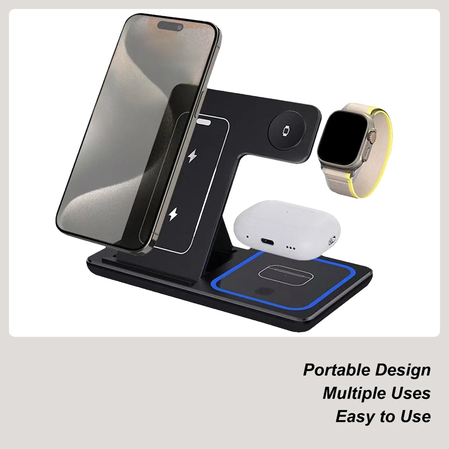 3-in-1 Faltbares Wireless Ladegerät – Smartphone, Watch & Earbuds | 15W Schnellladung