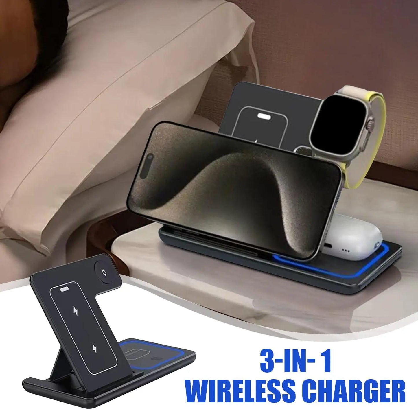 3-in-1 Faltbares Wireless Ladegerät – Smartphone, Watch & Earbuds | 15W Schnellladung